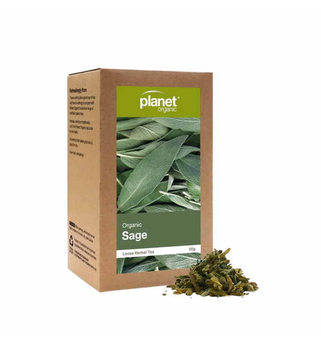PLANET ORGANIC SAGE LEAVES LOOSE HERBAL TEA - Certified Organic Dried Sage Leaves, Wild Sage Tea, Chakra Tea, Salvia Tea, Weaning Tea, Compostable Packaging (1.7 oz/50g)