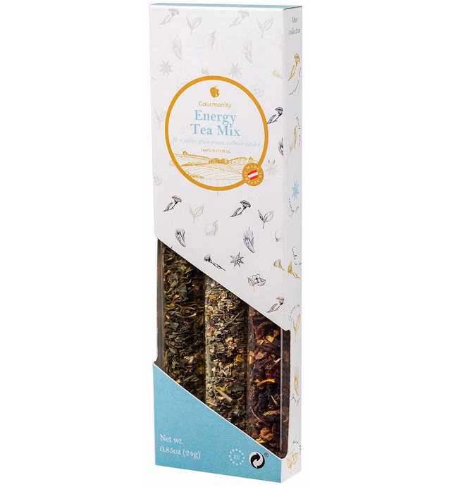 Gourmanity Tea Sampler Gift Set |0.85 oz | Makes 15 cups | Energy Tea Mix | 3 Flavors - Green Power Tea, Fit & Active Tea & Wellness Garden Tea | Novelty Loose Leaf Tea Sampler - Energy Tea Variety