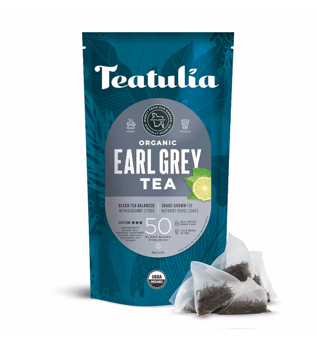 Teatulia Organic Earl Grey Tea Bags (50 Pyramid Tea Bags) | 100% Compostable | Black Tea + Bergamot Citrus Sustainably Grown In Bangladesh