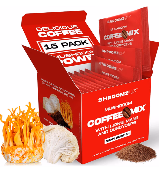 Shroomzup Mushroom Coffee Instant (15 Pack) - Lion's Mane and Cordyceps - Superfood Coffee for Keto, Vegan, Paleo - Arabica and Robusta Instant Coffee Packets Ground Powder Brain Focus, Productivity
