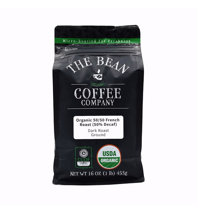 The Bean Coffee Company, Organic 50/50 Dark French Roast, Ground, 16 Oz, 1 Bag, 50% Decaf, Certified Organic, Roasted in the USA