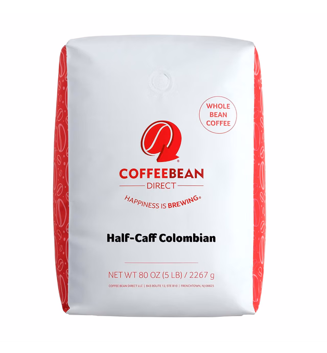Coffee Bean Direct Half-Caff Colombian, Whole Bean Coffee, 5 Pound Bag