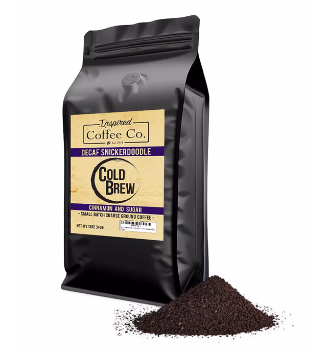 Decaf Snickerdoodle - Flavored Cold Brew Coffee - Inspired Coffee Co. - Swiss Water Process - Coarse Ground Coffee - 12 oz. Resealable Bag, purple and black