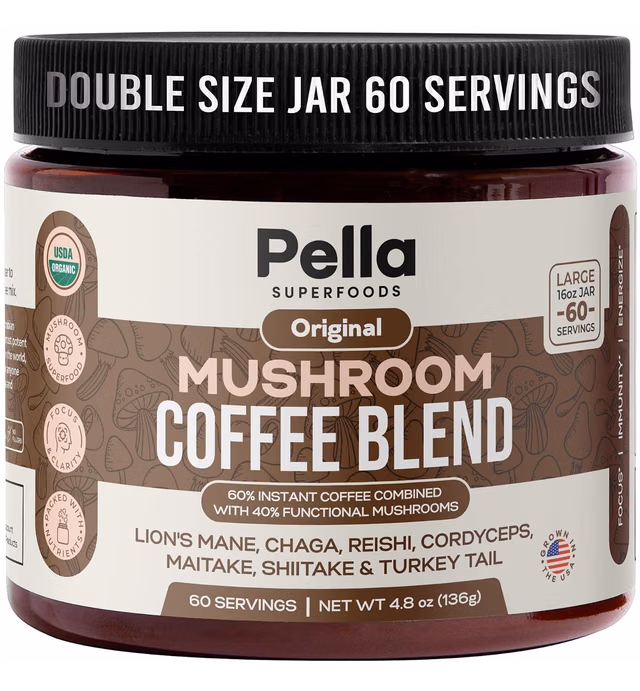 Organic Mushroom Coffee (60 Servings) with 7 Superfood Mushrooms, Great Tasting Colombian Instant Coffee, Includes Lion's Mane, Reishi, Chaga, Cordyceps, Shiitake, Maitake, and Turkey Tail