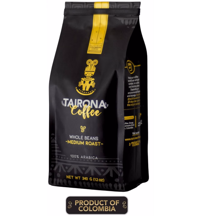 Tairona Coffee, Colombian Medium Roast Gourmet Coffee 100% Arabica Beans, Shade Grown on Small Farms, Single Origin, Single Source, 12 oz bag, Specialty Coffee Beans, Chocolatey Nutty Hints, Whole Bean Coffee from Colombia