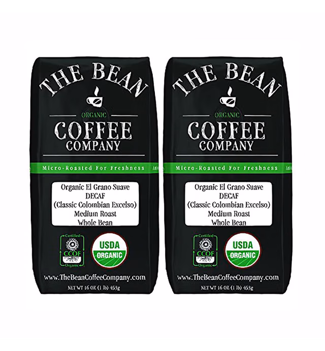 The Bean Coffee Company Organic Decaf South America Blend, Medium Roast, Whole Bean, 16-Ounce Bags (Pack of 2)