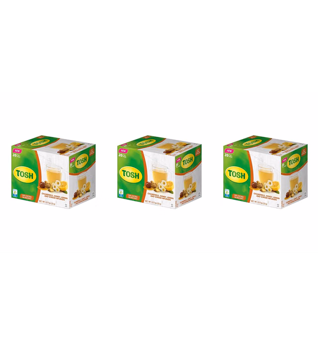 Tosh Chamomile, Honey, Lemon, and Ginger Herbal Tea 0.77 oz | Box of 20 tea bags | 100% Natural ingredients and SUGAR FREE (Pack of 3)
