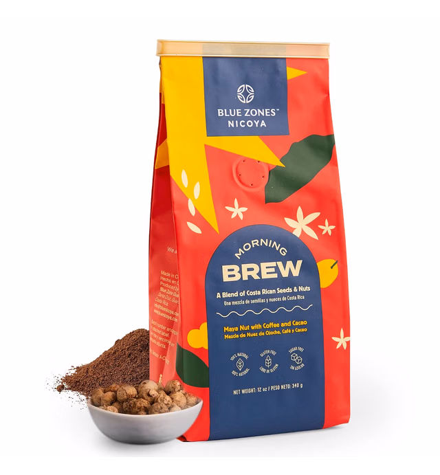 Blue Zones Nicoya - Morning Brew - 100% Natural Coffee Alternative, Ground Coffee Substitute - A Blend of Costa Rican Seeds & Nuts - Low Caffeine, Gluten Free, Sugar Free - Maya Nut w/Cacao, 12oz