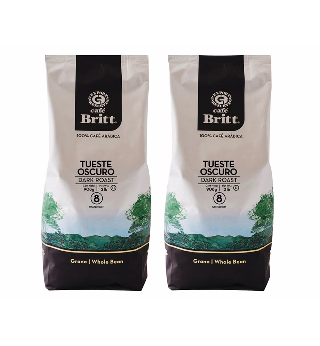 Café Britt® - Costa Rican Dark Roast (2 Lbs Each) (2-Pack) (4 Lbs Total) - Whole Bean, Arabica Coffee, Kosher, Gluten Free, 100% Gourmet & Dark Roast