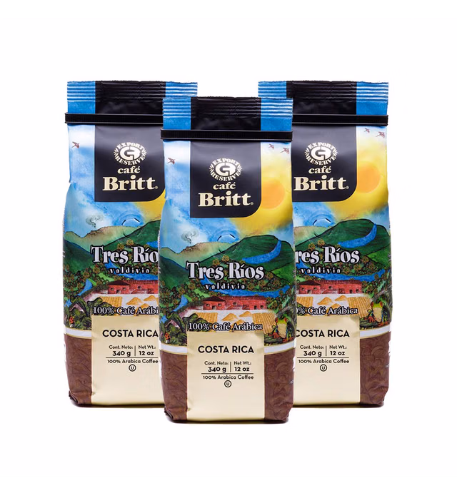 Café Britt® - Costa Rican Tres Rios Valdivia Coffee (12 oz.) (3-Pack) - Ground, Arabica Coffee, Kosher, Gluten Free, 100% Gourmet & Medium Light Roast