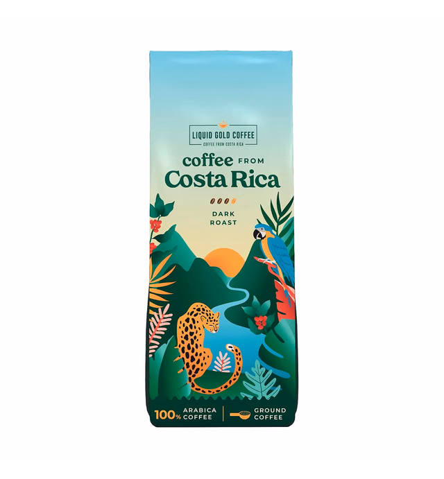Coffee from Costa Rica - 12 Ounce, 340 Grams - Dark Roast Ground - 100% Arabica Coffee - by Liquid Gold Coffee - Locally Sourced Coffee