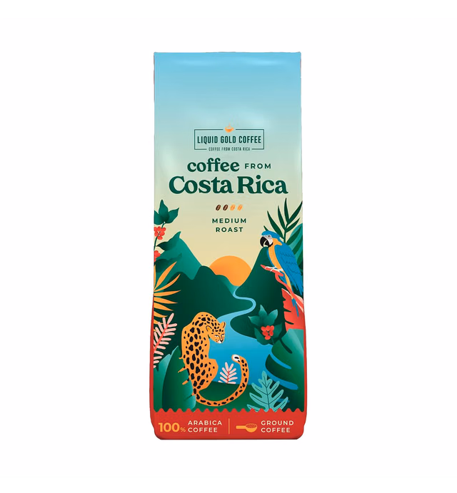Coffee from Costa Rica Medium Roast Ground - 100% Arabica Beans - by Liquid Gold - 1 bag (12oz) - Locally Sourced Coffee