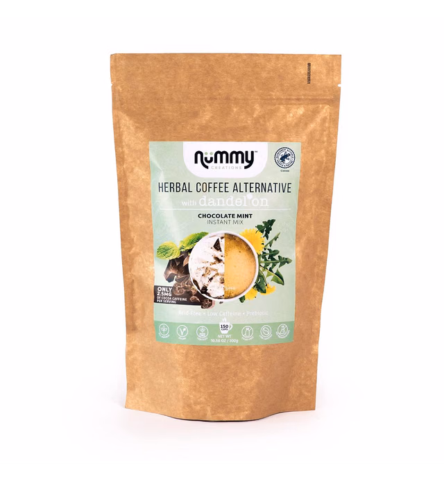 Nummy Creations Chocolate Mint Instant Herbal Coffee Alternative With Dandelion. Full Bodied Café Taste, Virtually Caffeine-Free (Only 2.5mg From Cocoa), All Natural, Chicory Coffee, Coffee Substitute. Makes 150 Cups. 10.58oz.