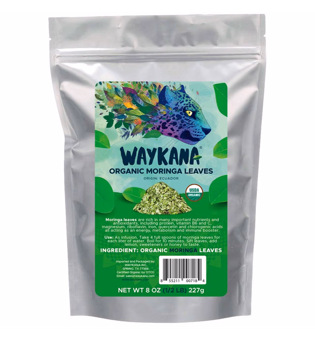 WAYKANA Organic Moringa Tea Loose Leaf, 8 Ounce | Multi-Vitamins Premium Quality Nutritious Fresh Moringa Tea | Natural Antioxidants Plus Loaded Minerals & Drumstick Tree Leaves, 1/2 Pound (LB)