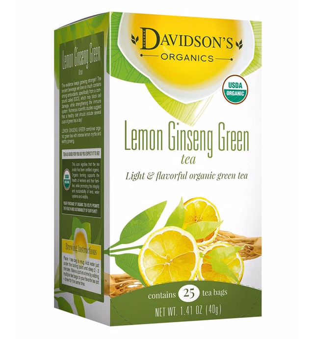 Davidson's Organics, Lemon Ginseng Green, 25-count Tea Bags, Pack of 6