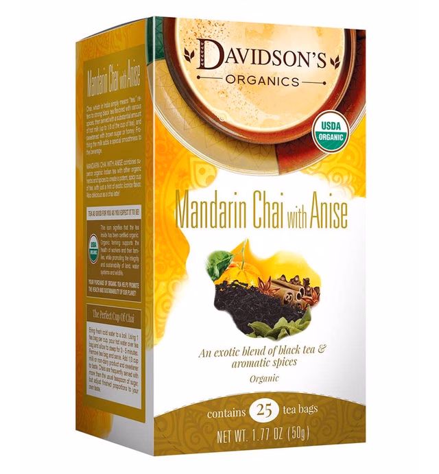 Davidson's Organics, Mandarin Chai w/Anise, 25-count Tea Bags, Pack of 6