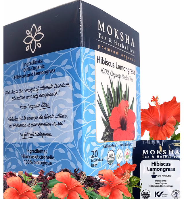 Organic Hibiscus Tea with Lemongrass - 20 Organic Eneveloped Tea Bags - 100% USDA Organic - No Additives - Moksha Ayruveda Herbal Tea