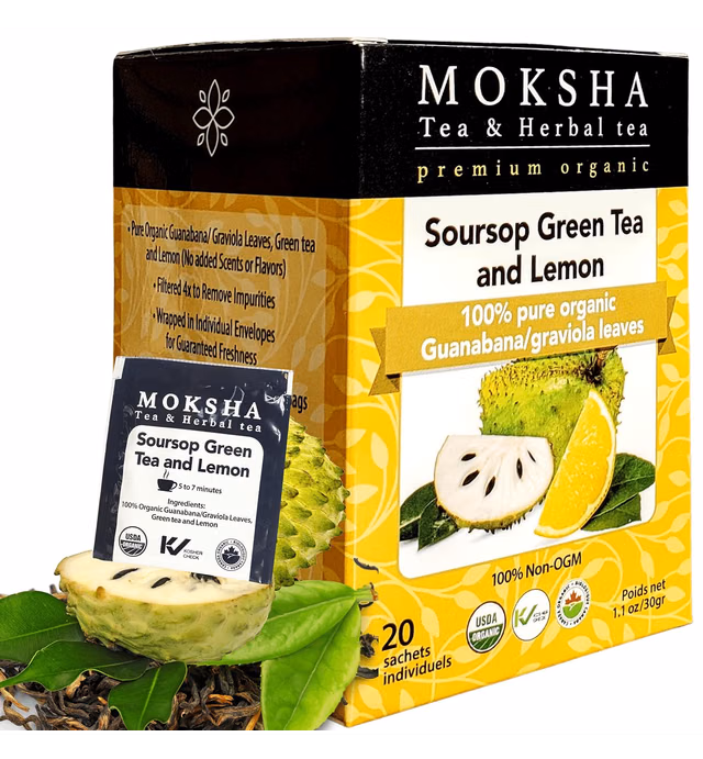 Pure Soursop with Lemon Green Tea - 20 Organic Tea Bags made with Pure Graviola Leaf- Guanabana Leaves- Moksha Ayurveda Tea (Pack of 1)