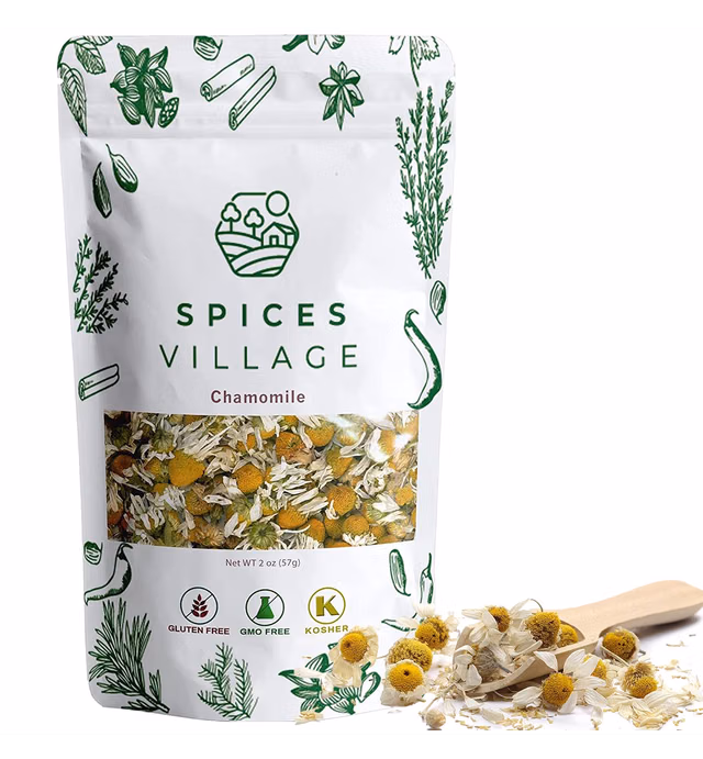 SPICES VILLAGE Dried Chamomile Flowers [ 2 oz ] – Chamomile Herbal Tea Loose Leaf - Kosher, Gluten Free, Vegan, Non GMO, Resealable Bulk Bag