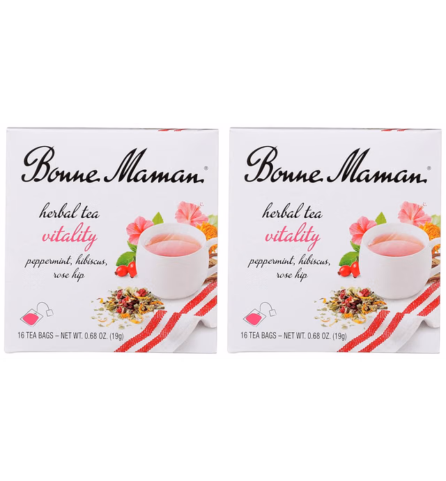 Bonne Maman Organic Herbal Tea Vitality: Peppermint, Hibiscus & Licorice Blend, 16 Tea Bags (Pack of 2, 32 Tea Bags Total)
