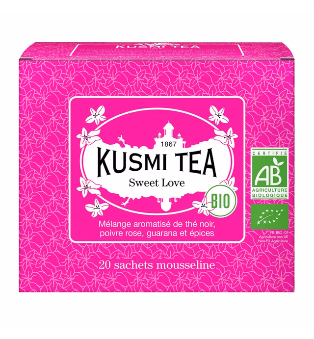 Kusmi Tea Sweet Love - 20 Muslin Tea Bags - Organic Blend of Black Tea, Pink Pepper, Guarana & Spices