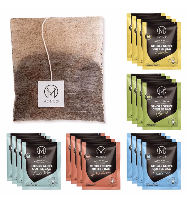 Mondo Single Serve Steeped Coffee Bags (20 Cups) Variety Pack - Organic, Medium Roast - Disposable, Portable Coffee Filters for Camping and Travel, Sampler Box of 5 Ground Coffee Flavors