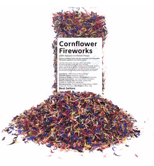 Mesmerizing Cornflower Fireworks Petals - 100% Natural Centaurea Cyanus, Grown in Germany - Dried Colorful Cornflowers for Herbal Tea, Decoration, Rose Sprinkles, Topping on Cupcakes, Desserts