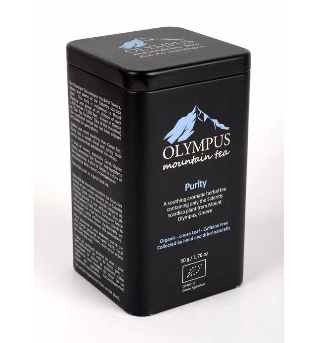 Purity OLYMPUS Mountain Tea. Organic 100% Greek Mountain Tea (Sideritis Scardica). Metal Tin Box 50 g. / 1.76 oz