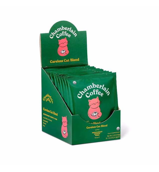 Chamberlain Coffee Careless Cat Blend - Half Caffeinated, Medium Roast Organic Coffee, Single Serving Coffee Packets with Hints of Toasted Almonds, Semisweet Chocolate, Butterscotch Candy, Raisin, 10 Bags