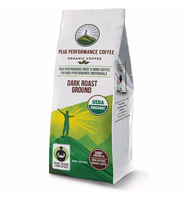 Peak Performance High Altitude Organic Coffee. Fair Trade, Low Acid, Non GMO, and Beans Full Of Antioxidants! Dark Roast Smooth Tasting USDA Certified Organic Ground Coffee Bag