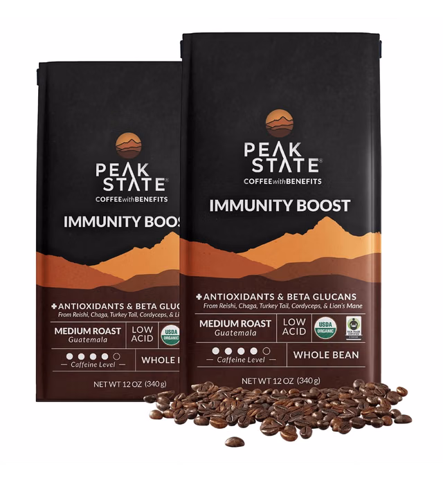Peak State Immunity Boost Coffee with Benefits, Medium Roast, 2 Pack – Mushroom Coffee, Low Acid & Smooth, Dark Chocolate & Sweet Grape, Organic Whole Bean Coffee, Gluten Free, 12 oz. Each