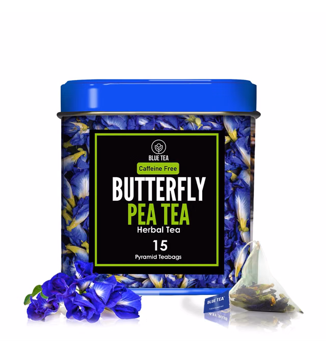 BLUE TEA - Butterfly Pea Flower Herbal Tea - 15 Pyramid Tea Bags | DETOX TEA | Food Coloring, Blue Purple Pink ICED TEA, Cooler, Cocktails, Mocktails | Gluten Free - GMO-Free |