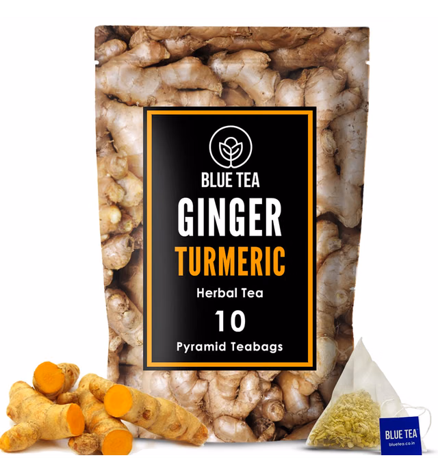 BLUE TEA - Ginger Turmeric Herbal Tea - 10 Tea Bags || HEALTHY SUPERFOOD || Caffeine-free - Vegan - Gluten Free - Non-GMO | Zipper Packed