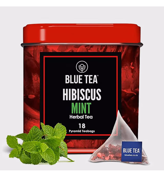 BLUE TEA - Hibiscus Mint Tea -18 Tea Bags || SOOTHING TEA || Caffeine Free - Herbal Tea - Gluten Free - Non GMO - Eco-Conscious Tin Packaging |