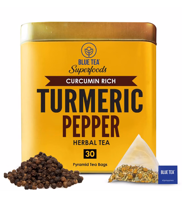 BLUE TEA - Turmeric Pepper Tea Bags - 30 TB || INDIAN SUPERFOOD || Turmeric Tea - High in Curcumin - Caffeine Free Herbal Tea | Plastic-Free | Eco-Conscious Tin Pack |