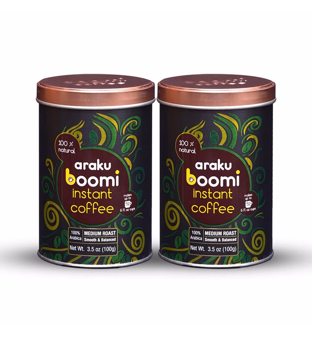 Araku Boomi Premium Instant Coffee, Medium Roast, 100% Arabica Beans from Araku Valley, 3.5oz/100gr, Naturally Caffeinated (2 Pack)