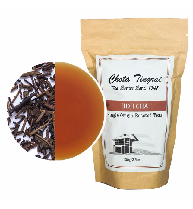 Hojicha Green Tea direct from Chota Tingrai Tea Estate- Roasted Green Tea with an exquisite smoked barley flavor. Delicious hot or cold. (3.5 oz / 100 g or 50 cups of brewed Tea)