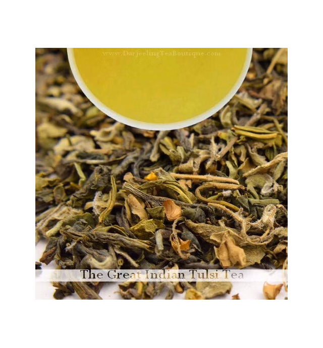 Tulsi (Holy Basil Tea) Organic Green Tea Herbal Loose Leaf Blend | 100gm (3.52oz) | Darjeeling Tea Boutique
