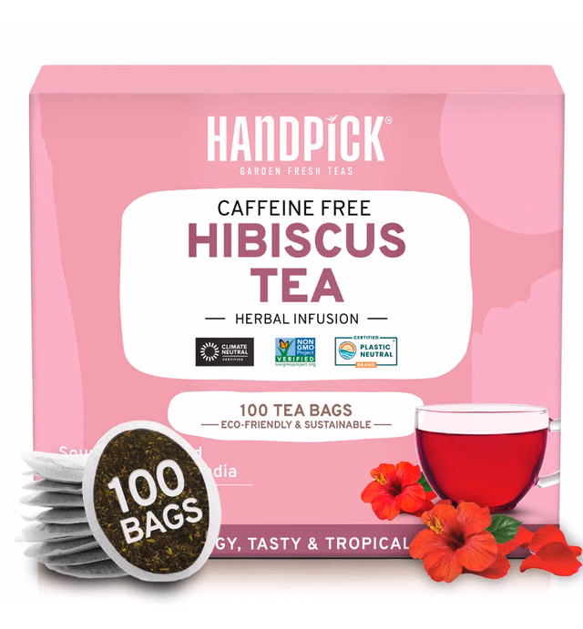 HANDPICK, Hibiscus Tea Bags - 100 Count | Caffeine-Free, Natural Ingredients- Hibiscus Flowers | Brew Hot, Iced Tea or Kombucha Tea | Round Nutritious Herbal Tea Bags