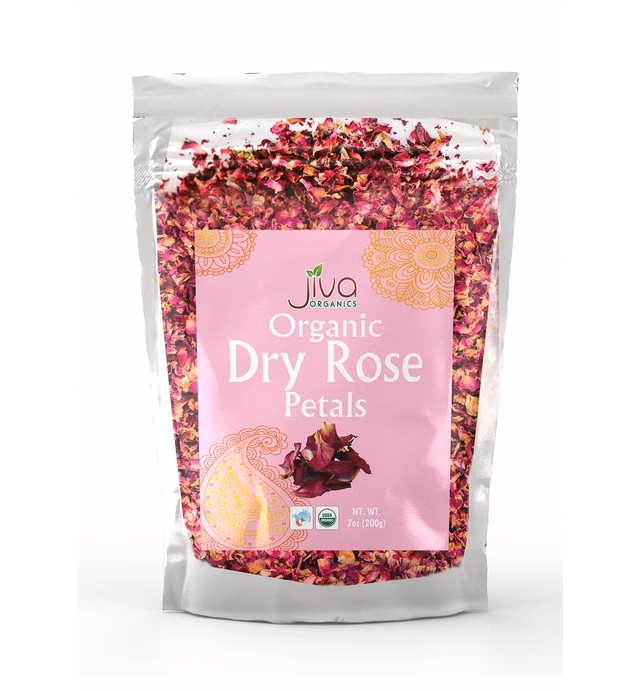 Jiva USDA Organic Dried Red Rose Petals 7 Oz (200g) Large Bag - Food Grade, Edible Flowers - Use in Tea, Baking, Making Rose Water, Crafting, Wedding Confetti