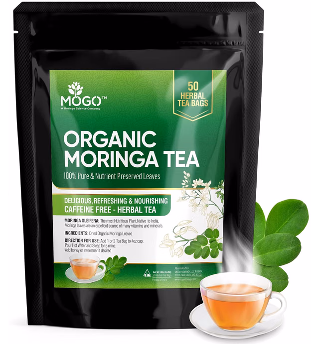 MOGO Organic Moringa Tea Bags - 50 Count,100% Pure,Premium Moringa Tea Leaves, Great tasting Antioxidants Rich Herbal Tea