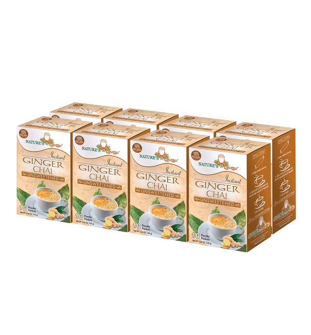 Nature's Guru Instant Ginger Chai Tea Drink Mix Unsweetened 10 Count Single Serve On-the-Go Drink Packets (Pack of 8), 5.64 Ounce (Pack of 8) (GCU_Inner)