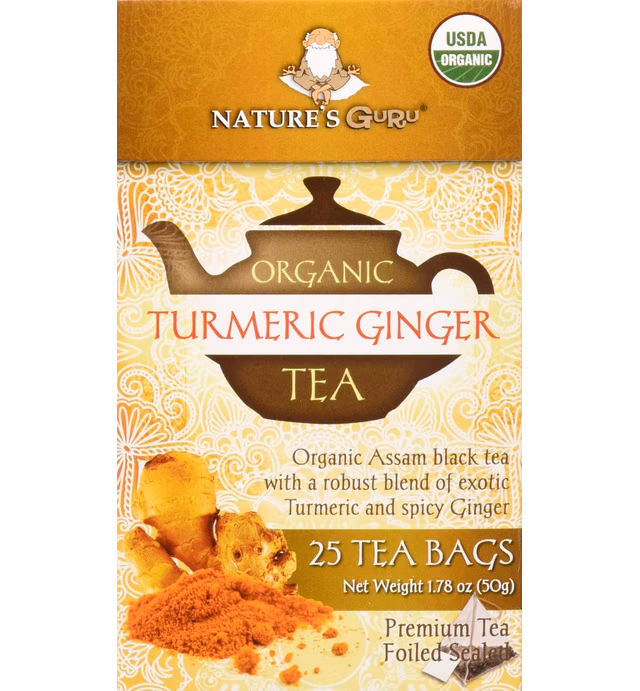 Nature's Guru Organic Whole Leaf Black Tea Turmeric Ginger 25 Count Individual Tea Bags
