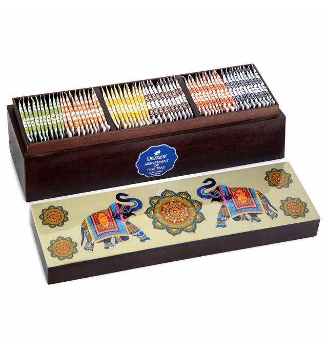 Octavius | Elephant Wooden Caddy Tea Sampler Pack | Assortment of 3 Black & 3 Green Teas | 60 Enveloped Double Chamber Tea Bags | Tea Sampler Variety Pack | Perfect for Tea Lovers | Pack of 1