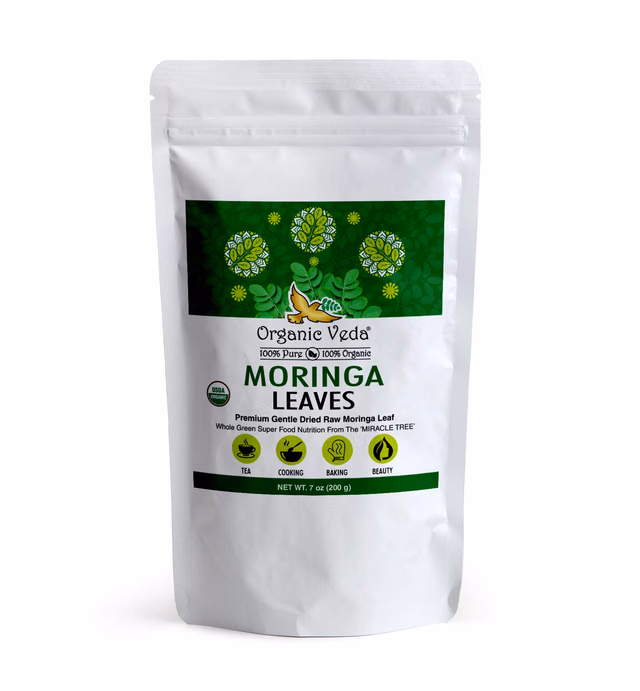 Organic Veda Moringa Leaves – 100% Organic USDA Certified Premium Whole Green Moringa Oleifera Leaf Tea for Wellness – Non-GMO Dried Moringa Leaves for Tea, Cooking, Baking, & Beauty – 7 Ounce
