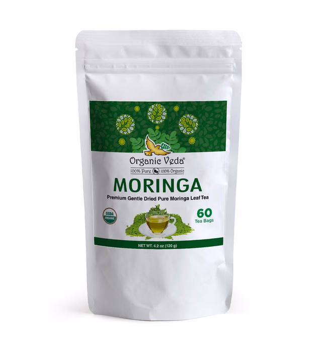 Organic Veda Moringa Tea Bags – 100% Pure USDA Organic Certified Whole Green Premium Dried Moringa Leaf Tea – Non-GMO, Caffeine Free, Gluten-Free, 60 Count
