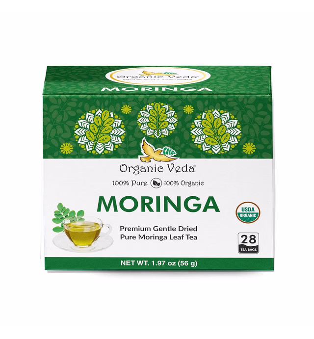 Organic Veda Moringa Tea Bags, 100% Pure & Original Green Moringa Leaves - Organically Grown Moringa Oleifera Leaf Powder Vitamins, Antioxidants - Vegan, Fair Trade, Caffeine Free Herbal Tea 28 count