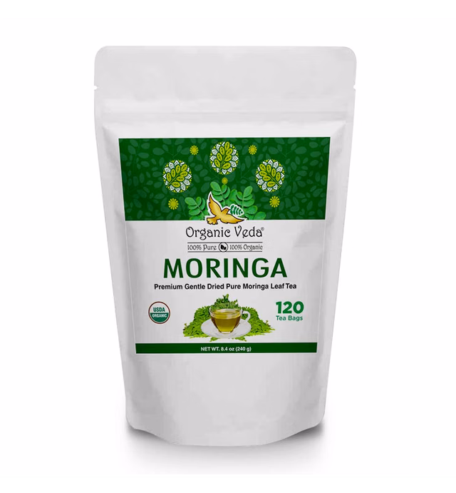 Organic Veda Moringa Tea Bags, Premium Dried Moringa Leaf Tea for Overall Wellness, Non-GMO, Caffeine-Free, & Gluten-Free Organic Tea, 120 Tea Bags