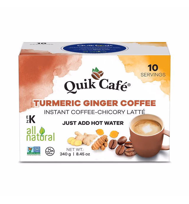 Quik Cafe Turmeric Ginger Instant Coffee Latte - 10 Count Single Box - All Natural Superfood Golden Coffee