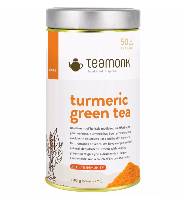 Teamonk High Mountain Turmeric Green Tea Bags - 50 Tea Bags | 100% Natural Turmeric Tea | Ancient Herbs | Tea for Glowing Skin | Immunity Boosting Tea | Natural Turmeric Tea | No Additives